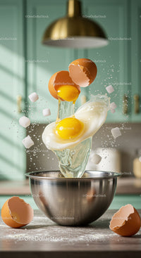 Fresh eggs cracking over metal mixing bowl in kitchen
