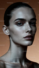 Portrait of a woman with flawless skin and strong features