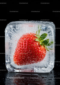 Fresh strawberry frozen inside clear ice cube
