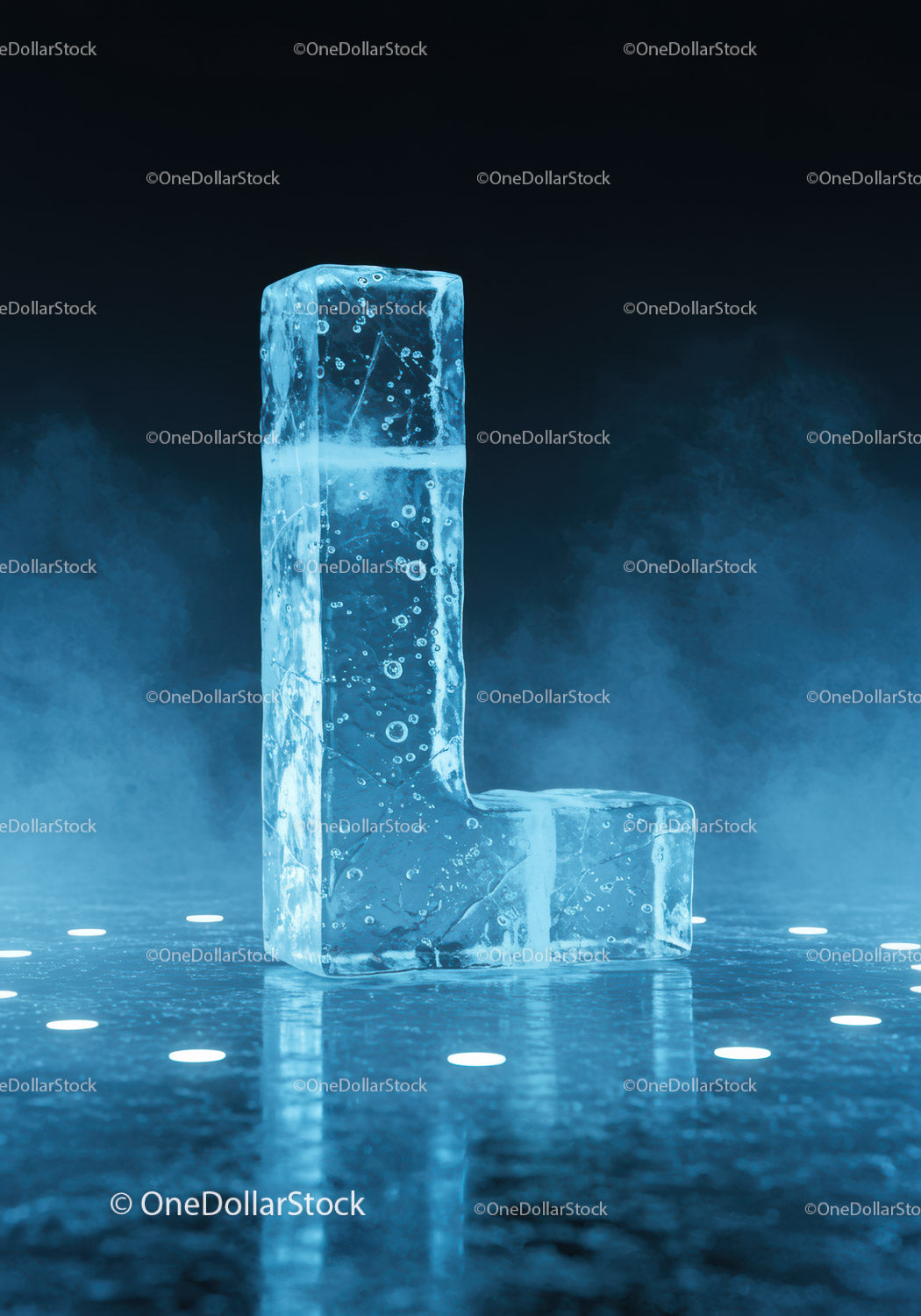 Transparent ice block shaped as the letter L glowing