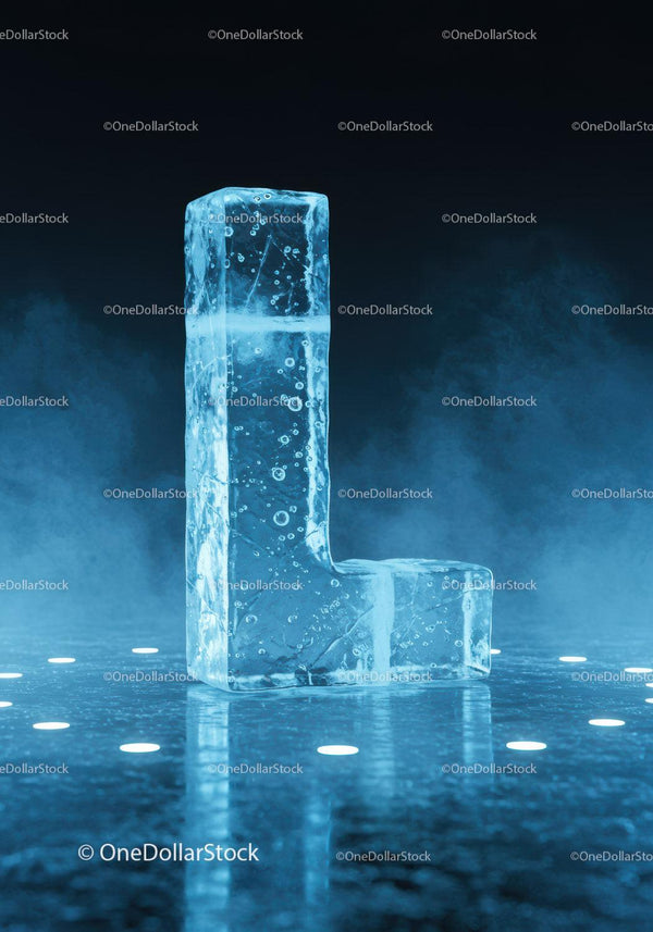 Transparent ice block shaped as the letter L glowing