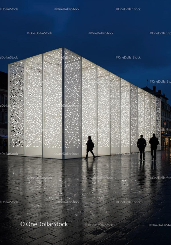 Contemporary Architectural Building with Perforated Illuminated Facade JPG Mockup Image