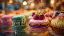 Assorted Colorful Macarons and Cupcake with Raspberry Topping