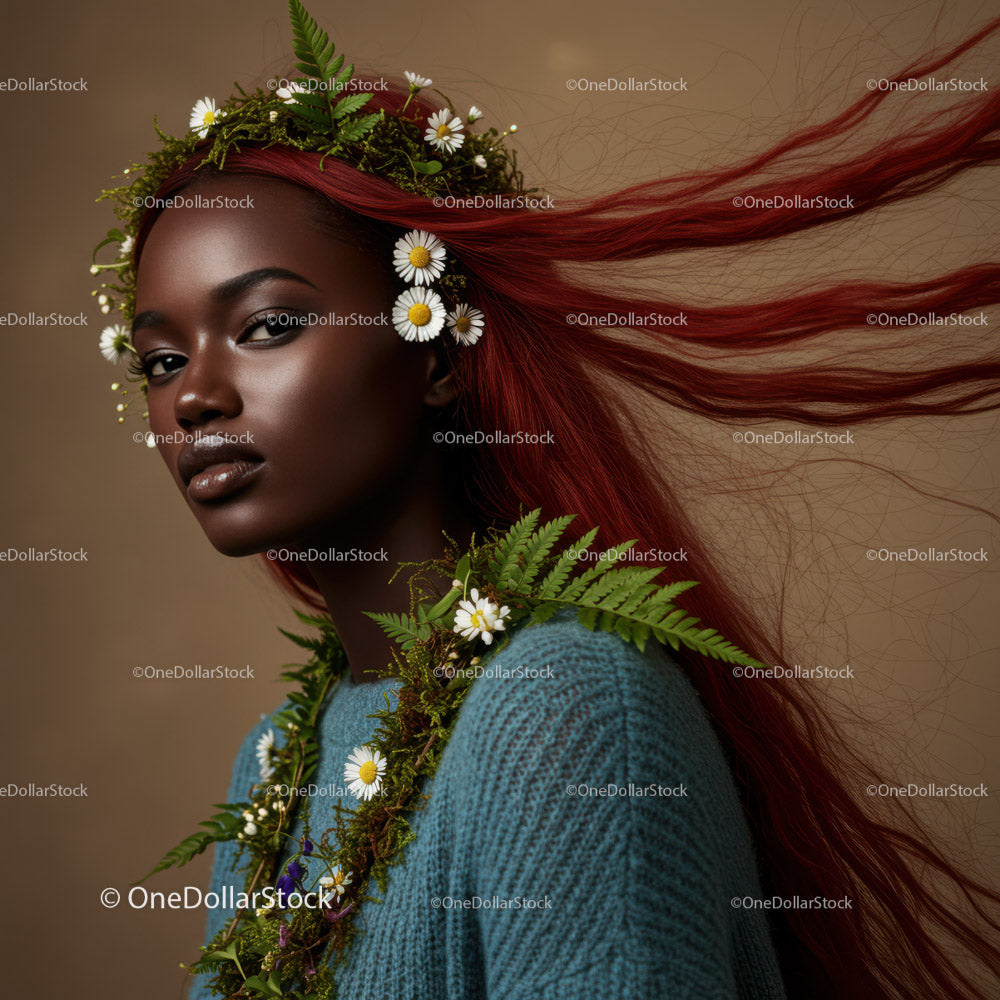Portrait of a Woman with Vibrant Red Hair and Floral Crown