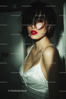 Elegant Woman with Red Lips in Stylish Evening Dress