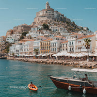 Scenic Coastal Harbor with Boats and Hillside Town under Blue Sky