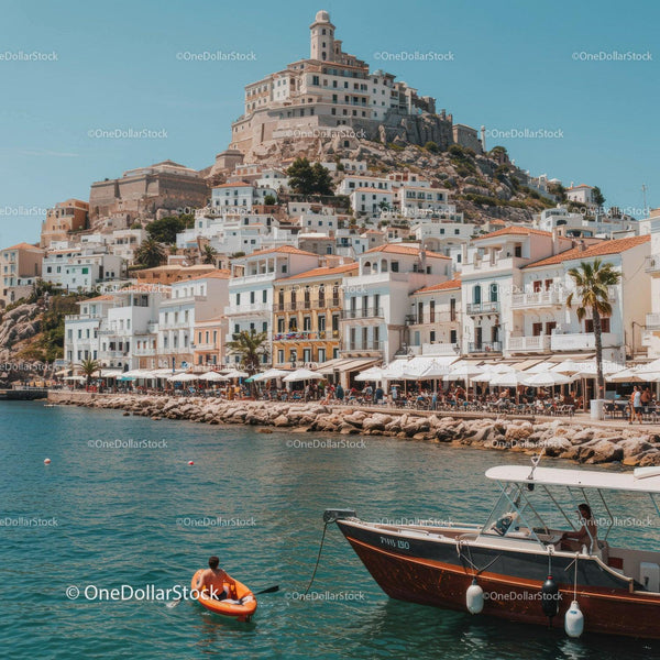 Scenic Coastal Harbor with Boats and Hillside Town under Blue Sky