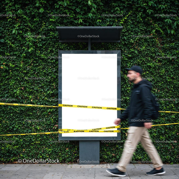 Miejska ścieżka z pustym billboardem i taśmą ostrzegawczą