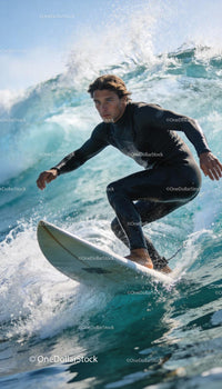 Focused surfer riding a powerful ocean wave