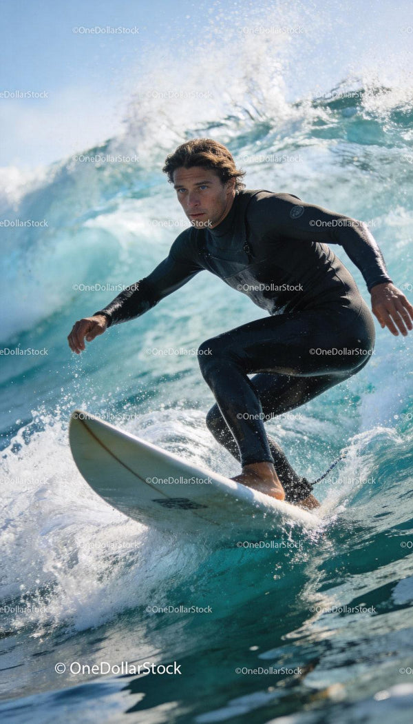 Focused surfer riding a powerful ocean wave