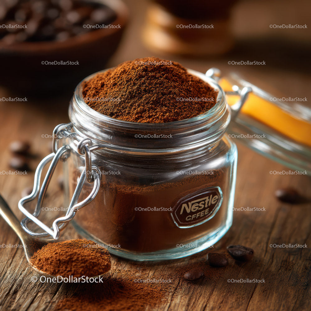 Glass Jar of Ground Coffee on Rustic Wooden Table