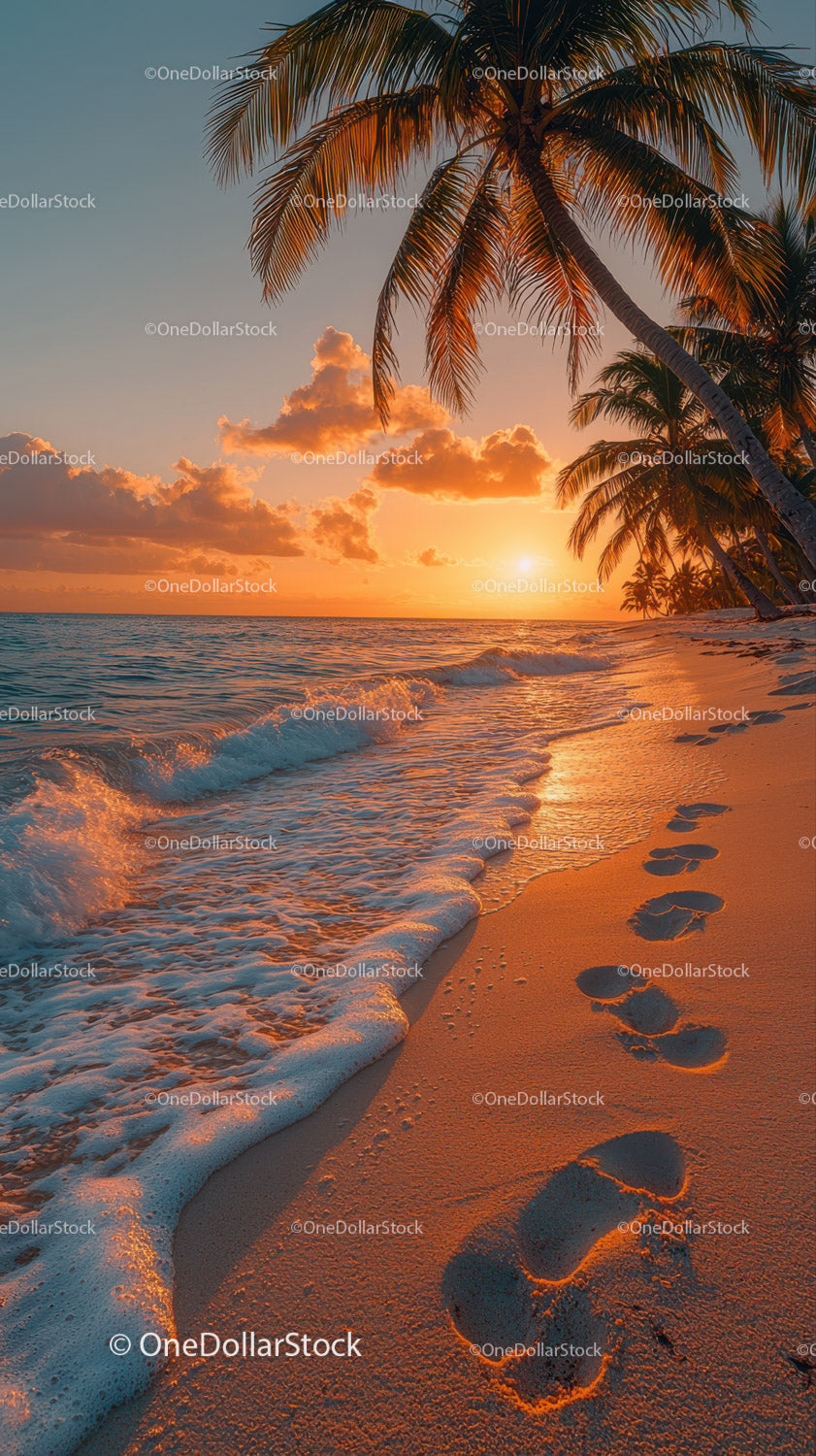 Sunset Over Tropical Beach with Palm Trees and Clear Ocean Water