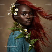 Elegant Portrait of a Woman with Flowing Red Hair and Botanical Accessories