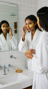 Young Woman Applying Gold Under-Eye Masks in Bathroom