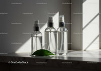 Clear Spray Bottles on Marble Surface with Natural Light