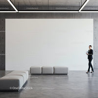 Modern lobby with minimalist seating and walking businesswoman JPG Mockup Image preview