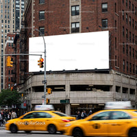 Busy urban street corner with yellow taxis and blank billboard JPG Mockup Image preview