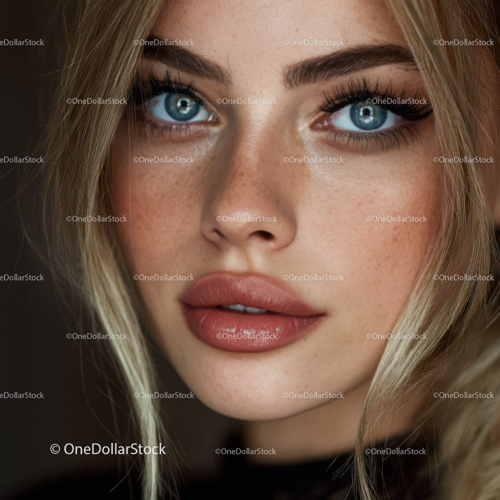 Close-Up Portrait of a Young Woman with Bright Blue Eyes and Freckles
