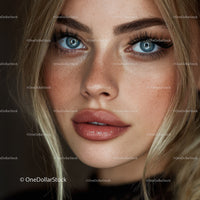 Close-Up Portrait of a Young Woman with Bright Blue Eyes and Freckles
