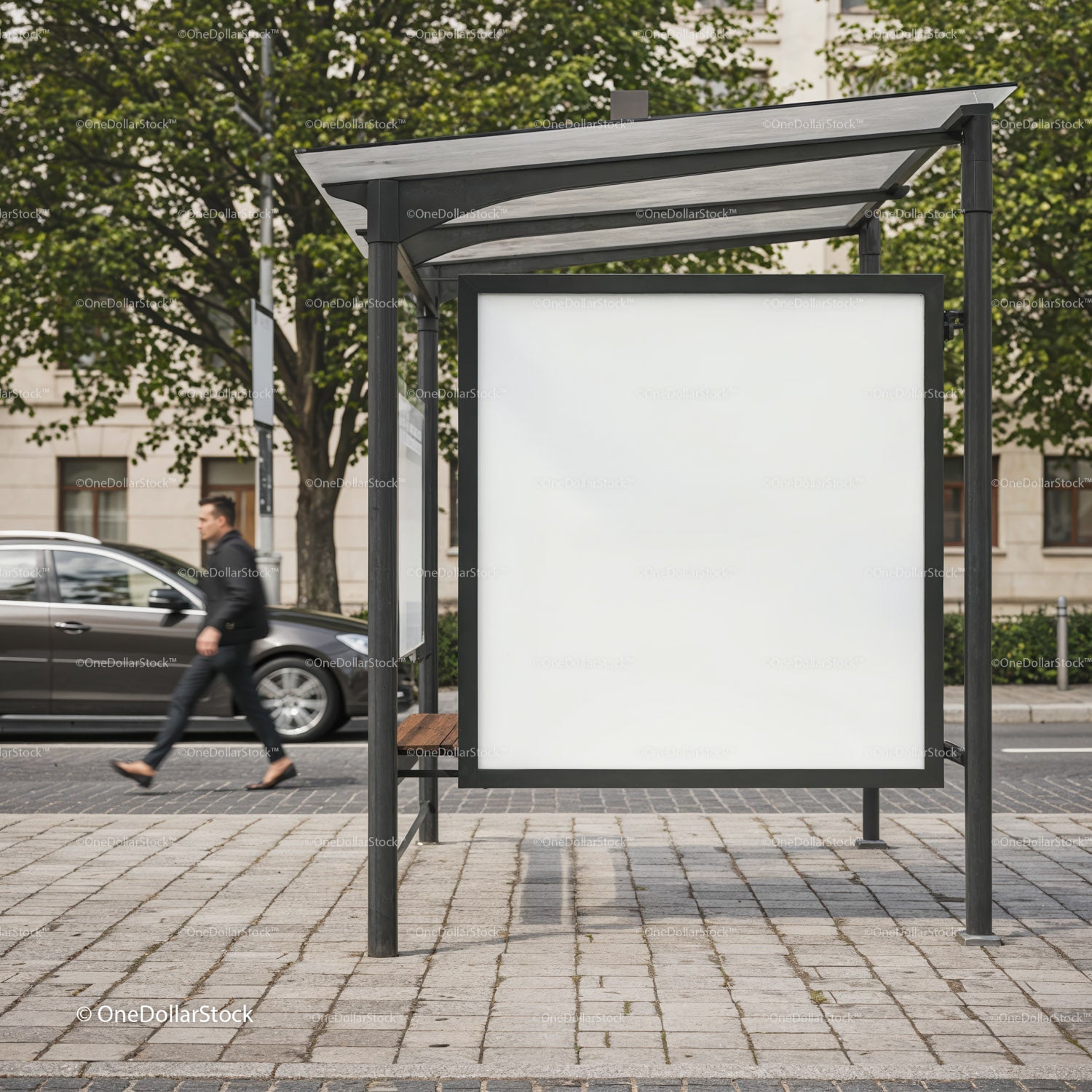 Empty Urban Bus Stop Shelter with Blank Advertising Board