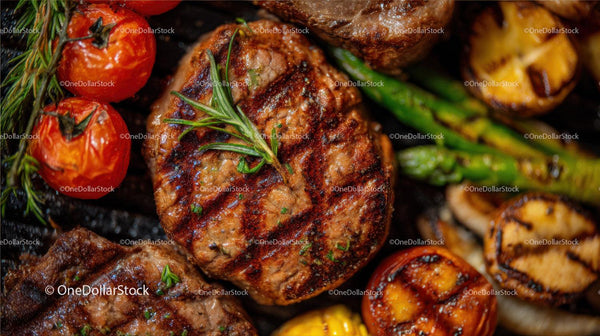 Soczysty grillowany stek z pomidorkami koktajlowymi i szparagami