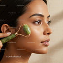 Young Woman Using Jade Roller for Facial massage and Skincare