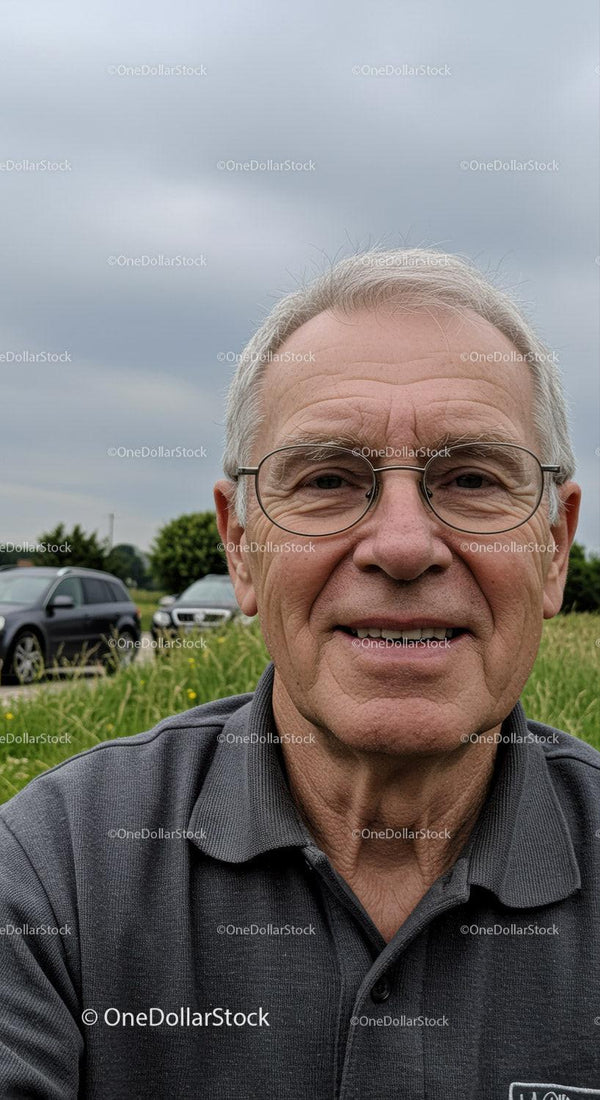 Senior Man Smiling Outdoors on Overcast Day