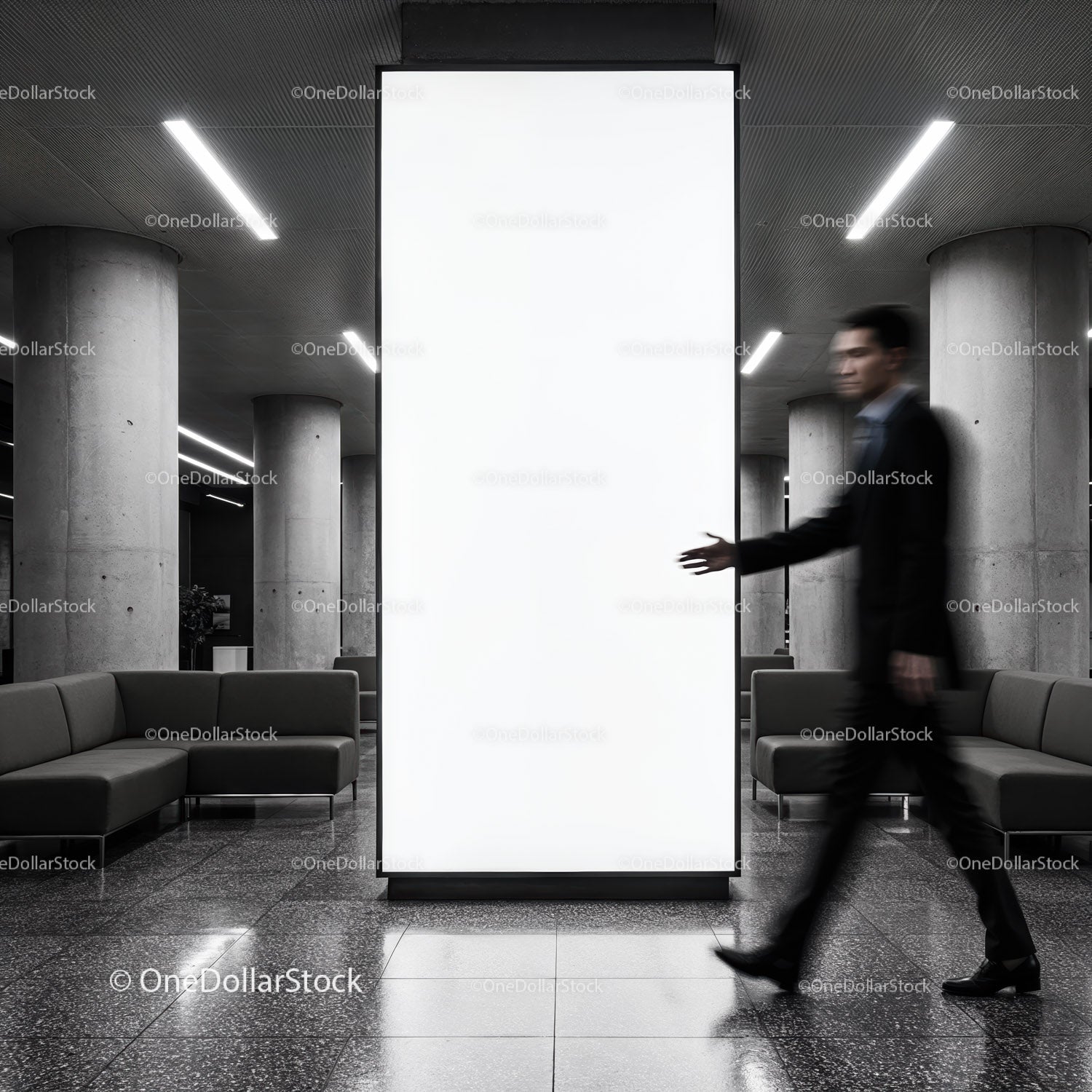 Blurred businessman walking past bright blank billboard indoors