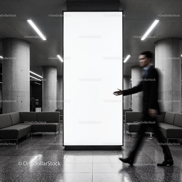 Blurred businessman walking past bright blank billboard indoors JPG Mockup Image
