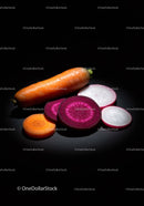Fresh colorful root vegetables on dark background