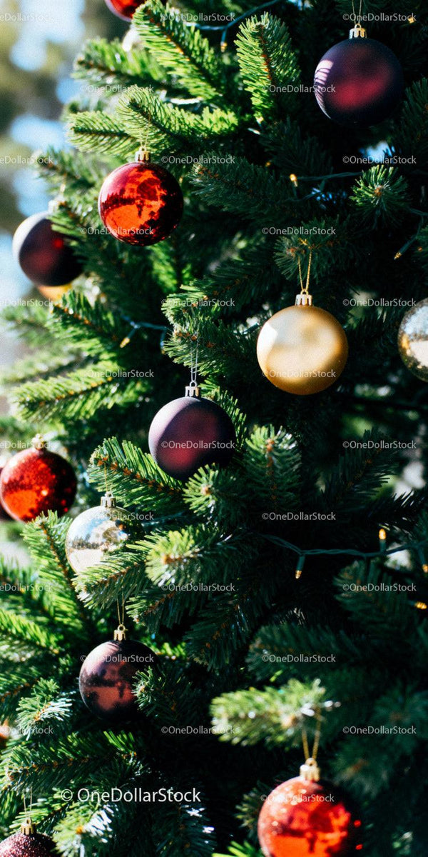 Close-up of Christmas tree decorated with colorful baubles
