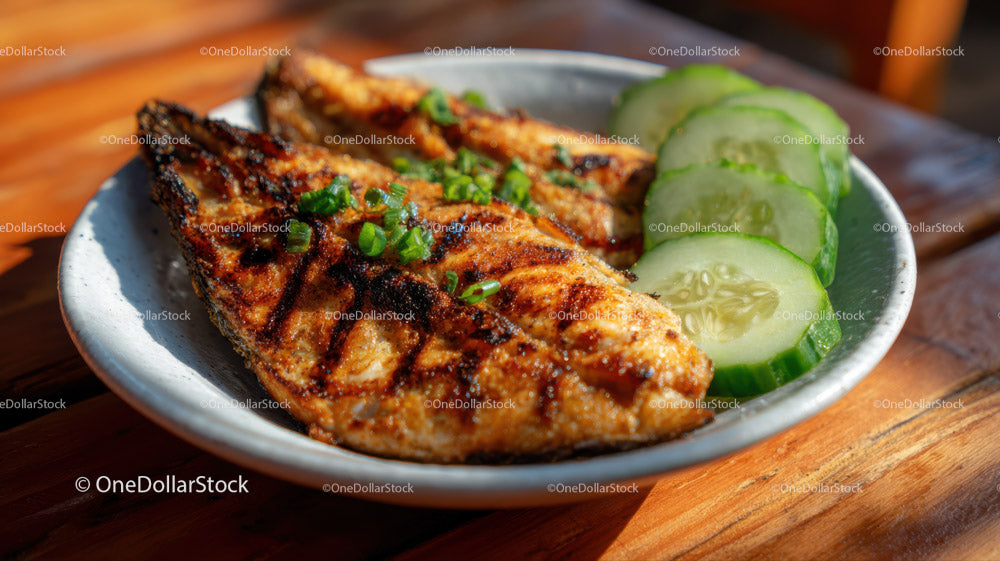 Grilled Fish with Cucumber Slices on Rustic Wooden Table
