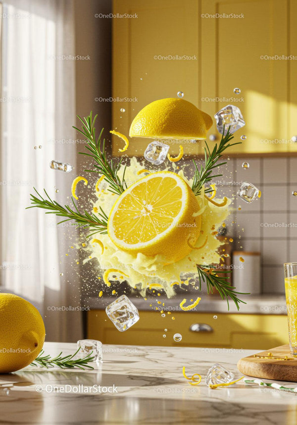 Refreshing lemon splash with rosemary and ice cubes
