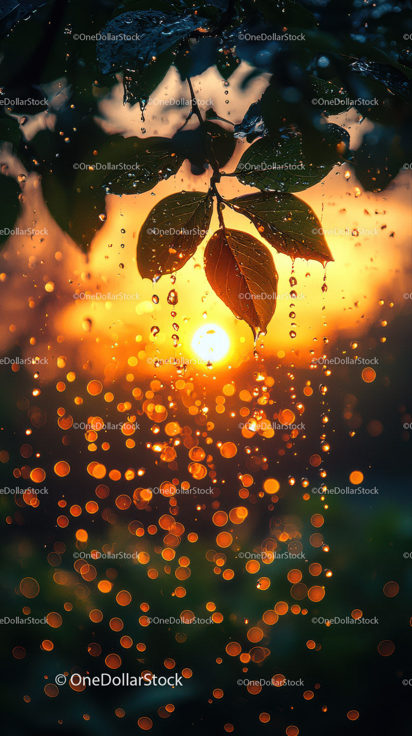 Raindrops on Green Leaves with Sunset Background