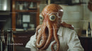 Humanoid Octopus Wearing White Shirt in Quirky Indoor Setting