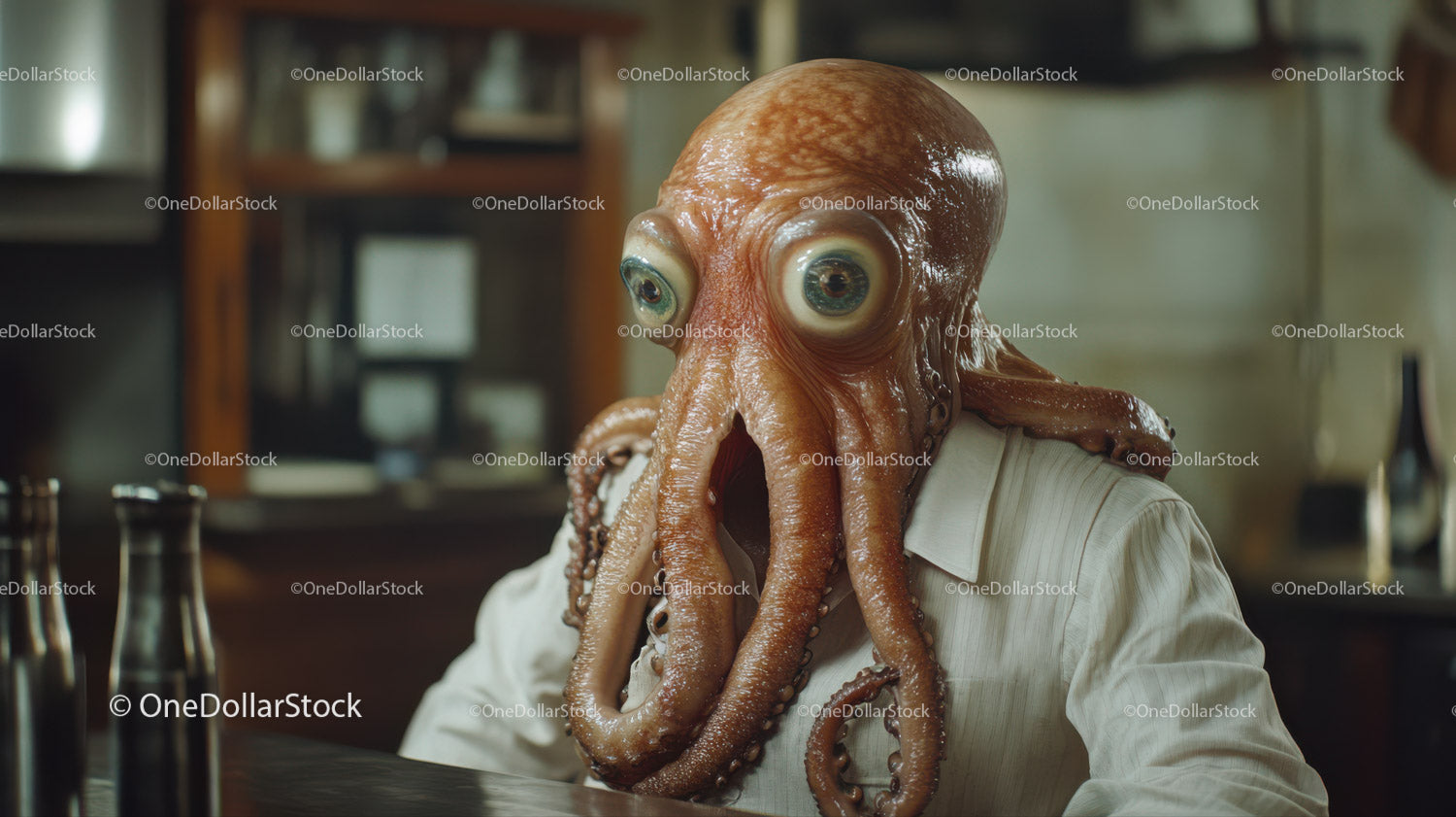 Humanoid Octopus Wearing White Shirt in Quirky Indoor Setting