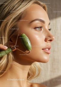 Close-Up of Woman Using Jade Roller for Facial Skin Rejuvenation