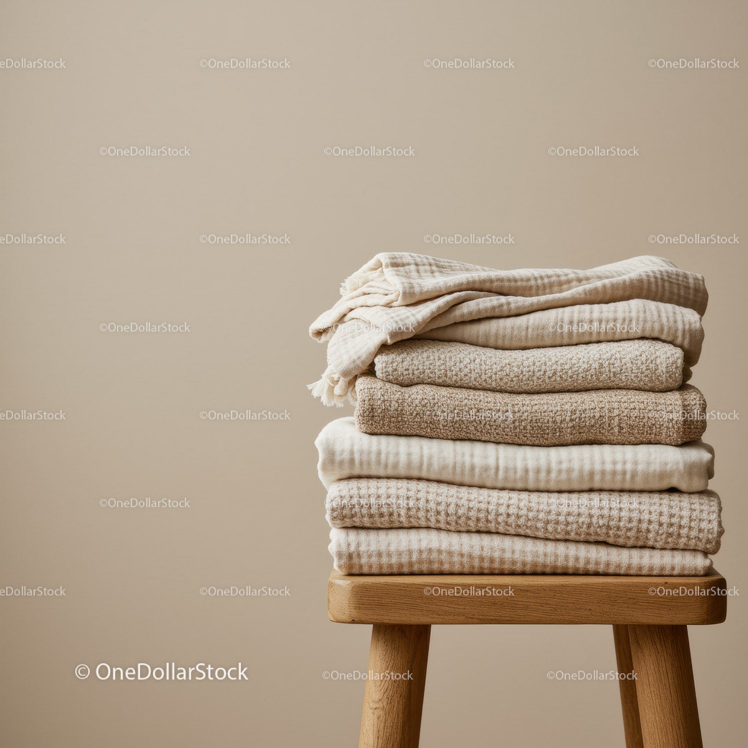 Stack of Neutral Toned Soft Textured Blankets on Stool