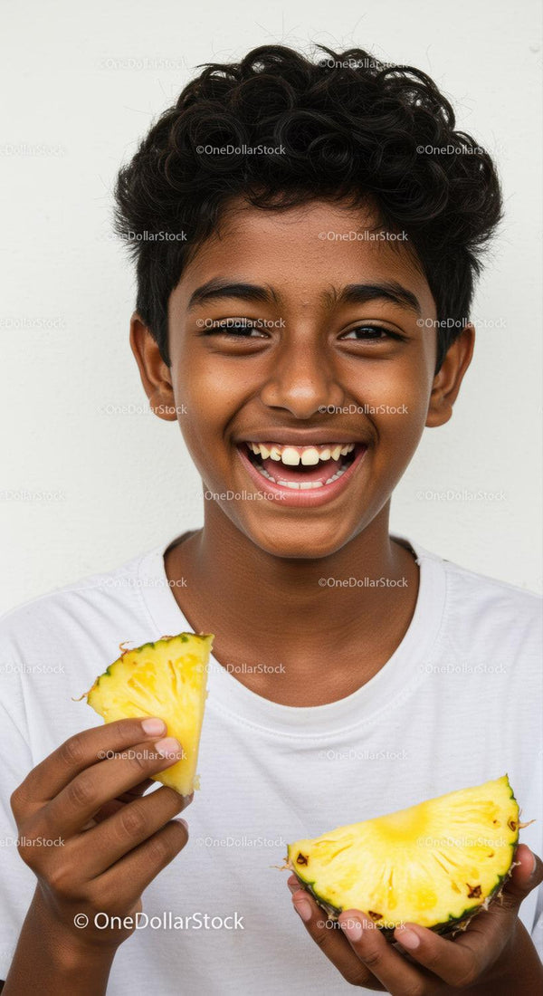 Happy Boy Holding Fresh Pineapple Slices with Bright Smile