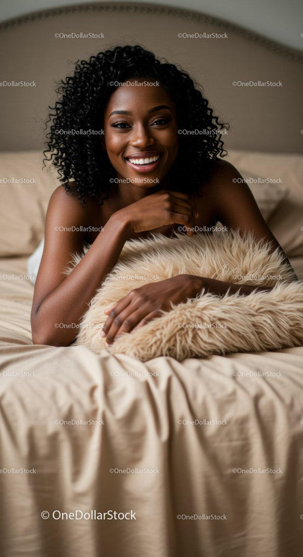 Smiling woman relaxing with cozy beige pillow in bed