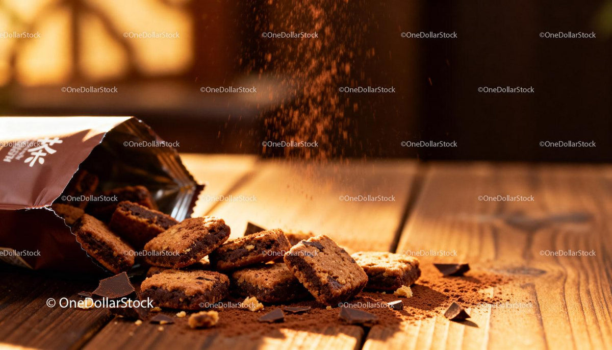 Chocolate cookie bites spilling onto wooden table