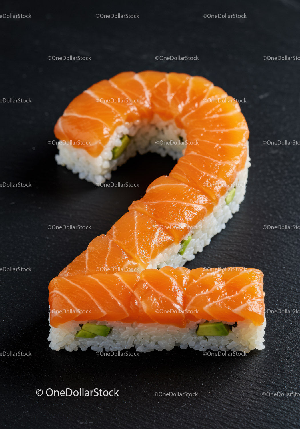 Salmon Sushi Roll Shaped as Number Two on Black