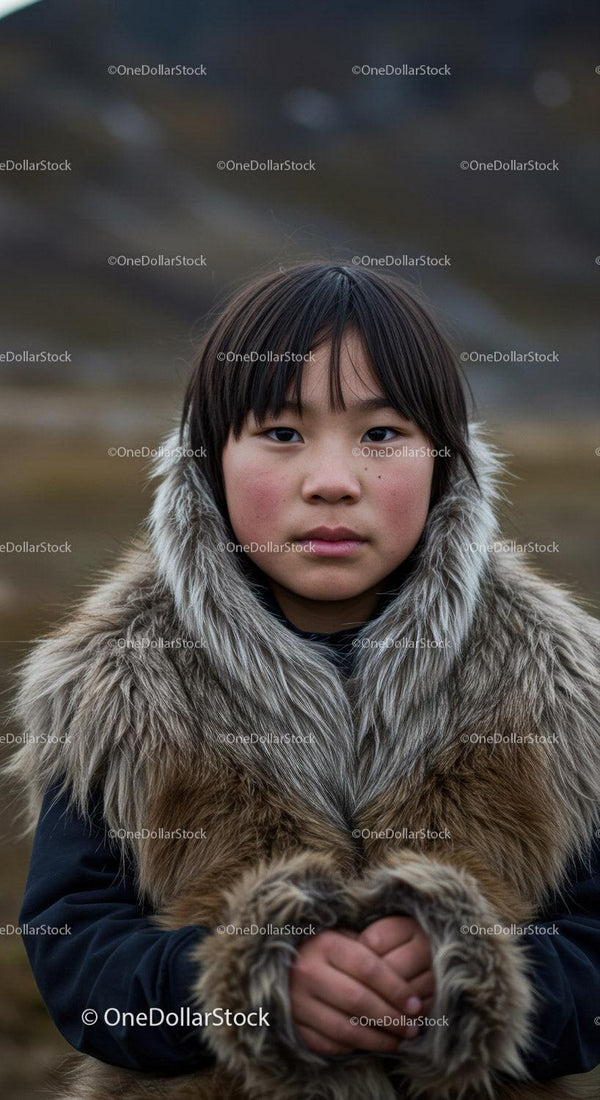 Young Girl Wearing Fur Coat in Mountain Landscape