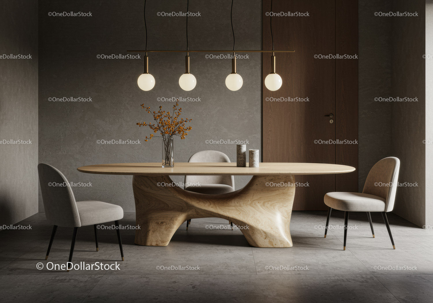 Nowoczesna minimalistyczna jadalnia z drewnianym stołem i eleganckimi krzesłami