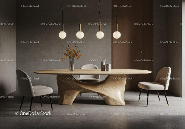 Modern Minimalist Dining Room with Wooden Table and Elegant Chairs