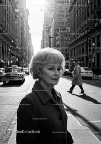Elderly Woman in Busy City Street Surrounded by Vintage Cars