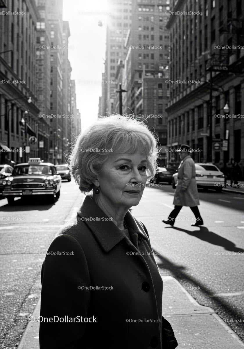 Elderly Woman in Busy City Street Surrounded by Vintage Cars