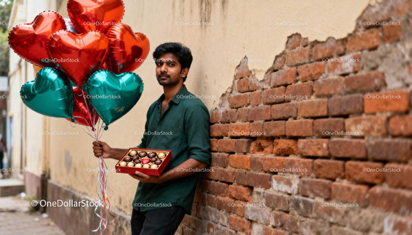 Man holding heart shaped balloons and chocolates gift box