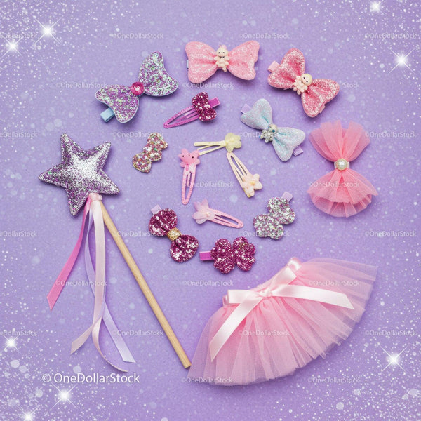 Glitter pink hair accessories and tutu on purple background