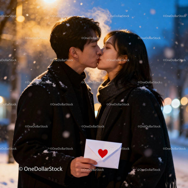 Romantic winter kiss with love letter in snowy evening